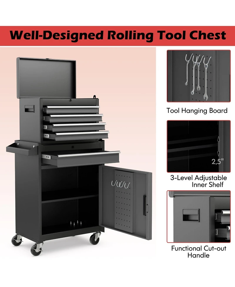 Gouun 2-in-1 Rolling Tool Chest with 5 Sliding Lockable Drawers