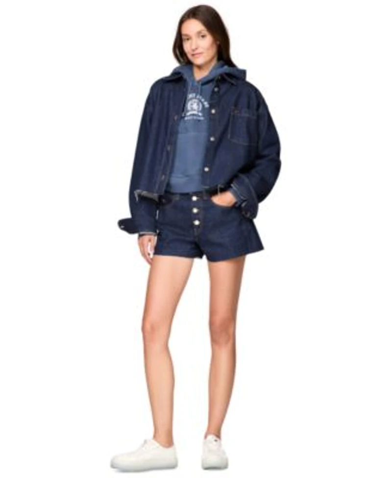 Tommy Jeans Womens Cropped Denim Shirt Jacket Cropped Varsity Crest Hooded Sweatshirt Hot Pants Denim Shorts