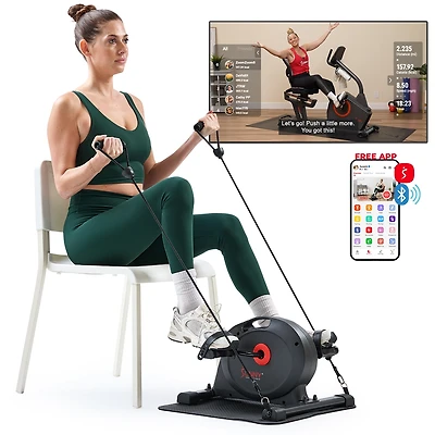 Sunny Health & Fitness Under Desk Smart Mini Pedal Exerciser, Exercise Cycle Bike and Mat/Workout Bands w Free SunnyFit App Connectivity