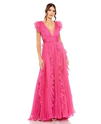 Mac Duggal Women's Pleated Ruffle Cap Sleeve Flowy A Line Gown