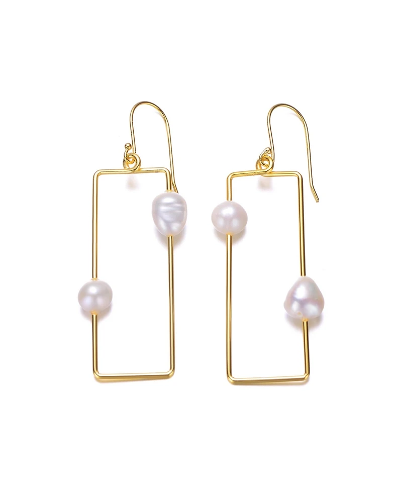 Sterling Silver 14K Gold Plated with Genuine Freshwater Pearl Geometrical Drop Earrings