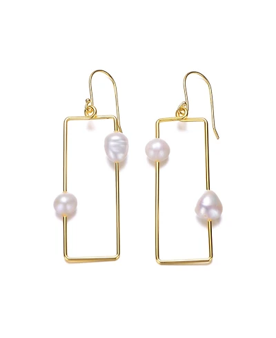 Sterling Silver 14K Gold Plated with Genuine Freshwater Pearl Geometrical Drop Earrings