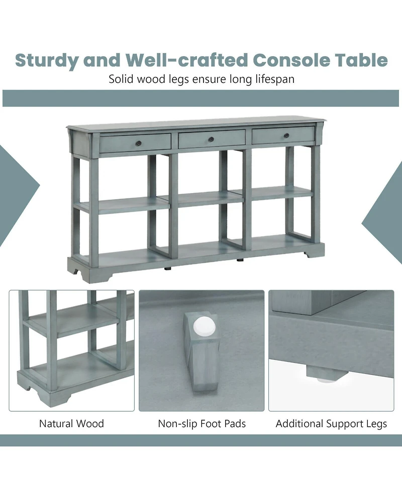Gouun 58 Inch Retro Console Table with 3 Drawers and Open Shelves Rectangular Entryway Table