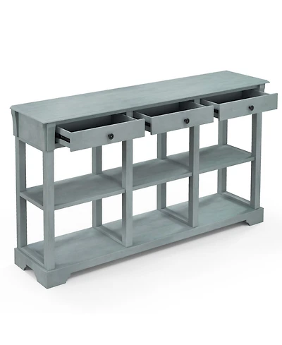 Gouun 58 Inch Retro Console Table with 3 Drawers and Open Shelves Rectangular Entryway Table