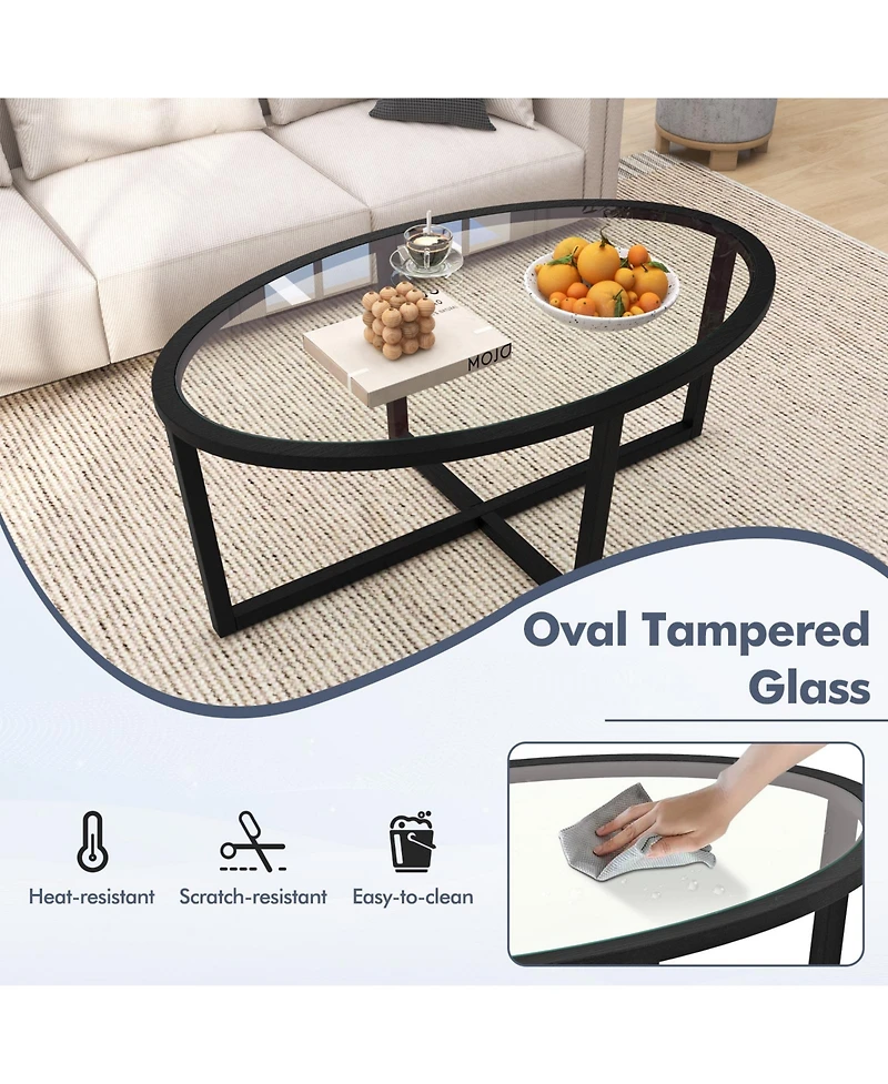 Gouun Glass Table Oval Living Room Table with Cross Base and Acacia Wood Legs