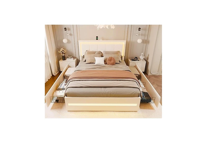 Dyhome Queen Bed Frame with Led Lights and 4 Storage Drawers, Upholstered Platform Led Bed Frame Queen Size with Charging Station Button Pu Leather He