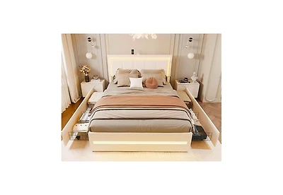 Dyhome Queen Bed Frame with Led Lights and 4 Storage Drawers, Upholstered Platform Led Bed Frame Queen Size with Charging Station Button Pu Leather He