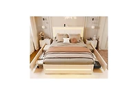Dyhome Queen Bed Frame with Led Lights and 4 Storage Drawers, Upholstered Platform Led Bed Frame Queen Size with Charging Station Button Pu Leather He
