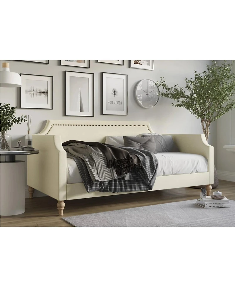 Upholstered Daybed with Nailhead Accents – Polyester Fabric Frame for Guest Bedroom or Lounge Area