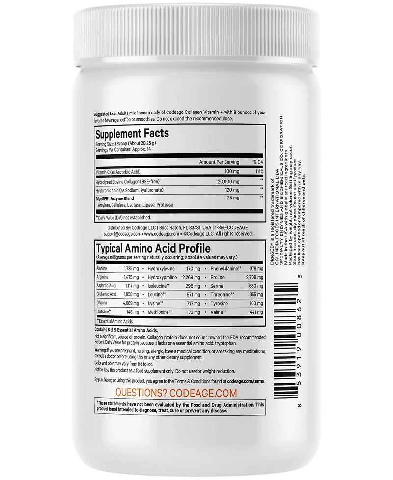 Codeage Collagen Peptides Powder + Vitamin C - 20g Grass-Fed Collagen Per Serving - Digestive Enzymes, Hyaluronic Acid, 18 Amino Acids