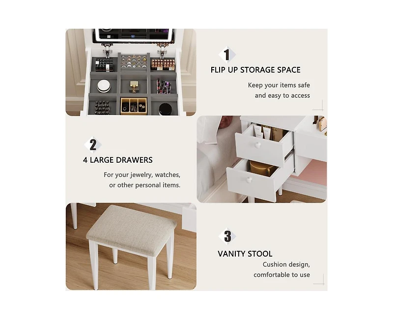 gaomon 47" Makeup Vanity Desk with Flip Top Mirror and Lights, 3 Lighting Mode, 3 in 1 Vanity Table with 5 Drawers