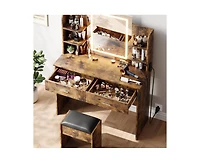 gaomon Vanity Desk with Mirror and Lights, Makeup Vanity Set w/Desk and Stool, Power Outlet, Vanity Table w/6 Storage Shelves