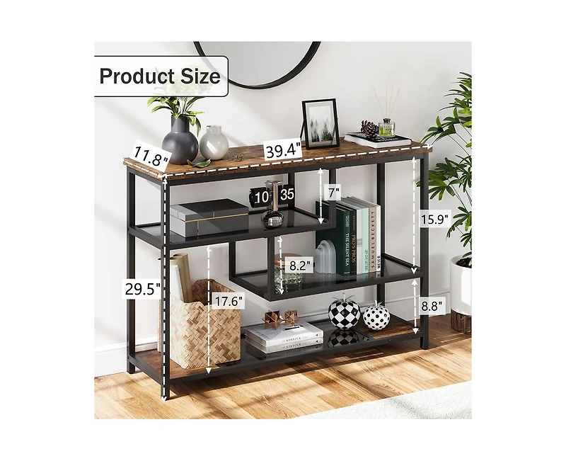 gaomon Console Table, 4-Tier Sofa Tables Narrow Entryway Table with Glass Shelf and Metal Frame