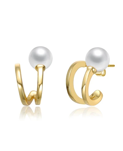 Sterling Silver 14K Gold Plated with White Freshwater Pearl Curved Earrings