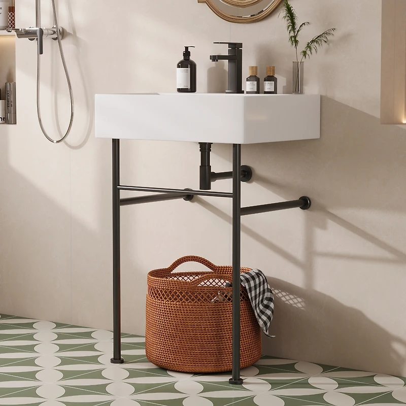 DeerValley Ceramic White Rectangular Single Faucet Hole 24 in Console Bathroom Sink with Overflow