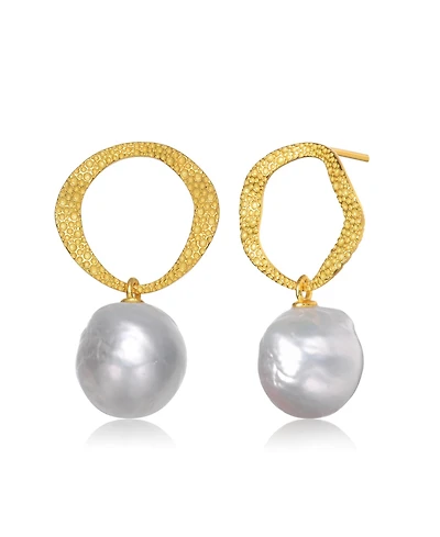 Sterling Silver 14K Gold Plated with Genuine Freshwater Button Pearl Drop Earrings