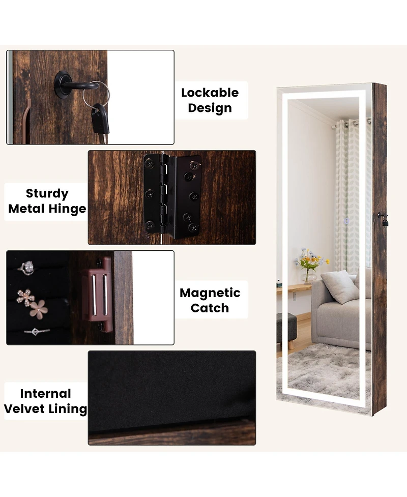Gouun Mirrored Jewelry Armoire with Full Length Mirror and 2 Internal Led Lights