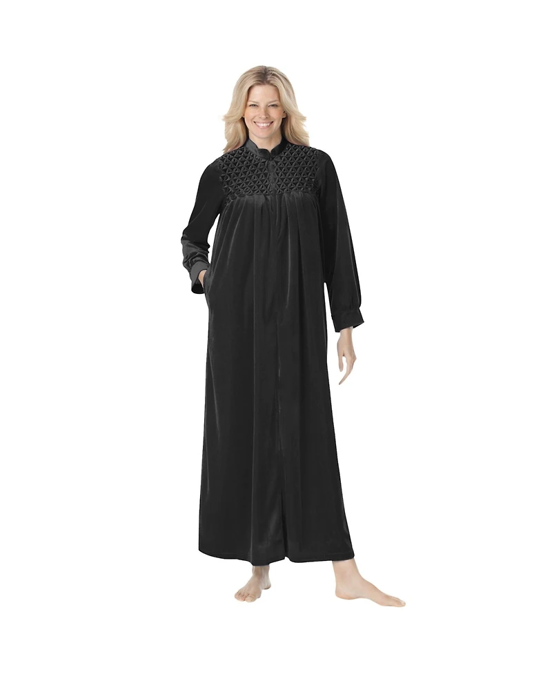 Only Necessities Women's Plus Smocked Velour Long Robe