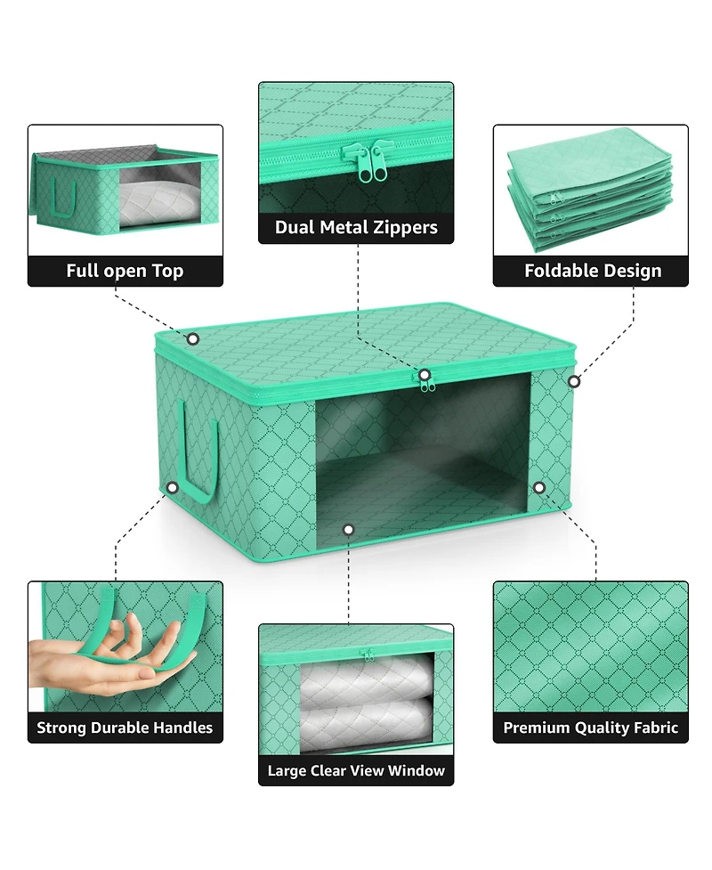 Sorbus 6 Pack Medium Foldable Clothes Storage Bags with Clear Window, Zipper Lid and Carry Handles - for Organizing Bedroom, Closet, Home (Teal)