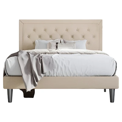 Platform Bed with Adjustable Headboard – Upholstered Frame, Wood Slats, and Modern Low-Profile Design