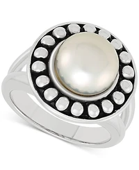 Cultured Freshwater Button Pearl (10mm) Framed Ring in Sterling Silver