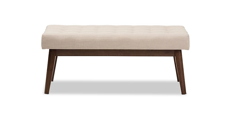 Baxton Studio Elia Mid-Century Modern Walnut Wood Light Beige Fabric Button-Tufted Bench