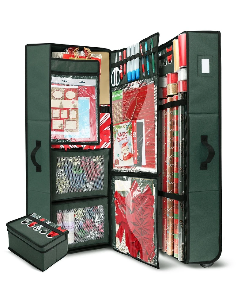 Hearth & Harbor Premium Holiday Gift Wrapping Paper Accessories Storage Organizer Box - X-Large with Wheels 2 removable Bins