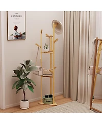 Unho Sturdy Garment Clothes Stand: Natural Bamboo Coat Rack Hat Hanger Stand with Shelves