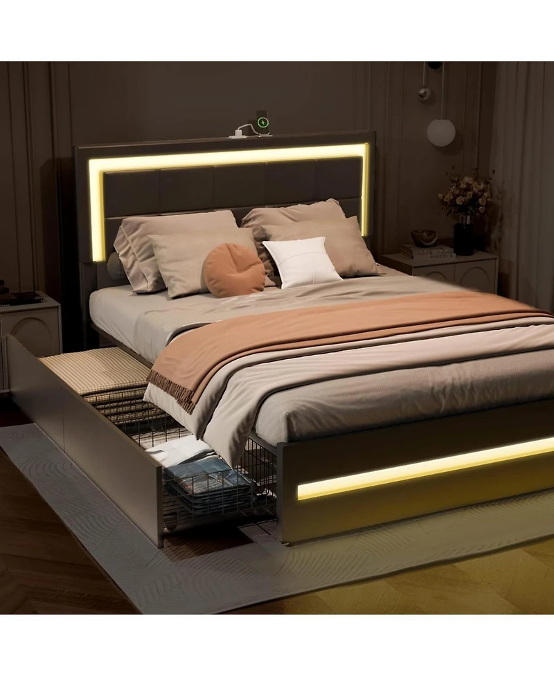 Dyhome Queen Bed Frame with Led Lights and 4 Storage Drawers, Upholstered Platform Led Bed Frame Queen Size with Charging Station Button Pu Leather He