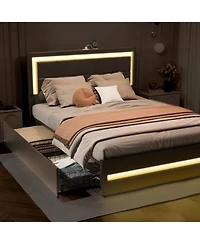 Dyhome Queen Bed Frame with Led Lights and 4 Storage Drawers, Upholstered Platform Led Bed Frame Queen Size with Charging Station Button Pu Leather He