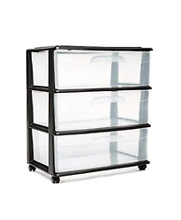 Homz Tall Solid Plastic 3 Drawer Medium Storage Cart with Caster Wheels, Black