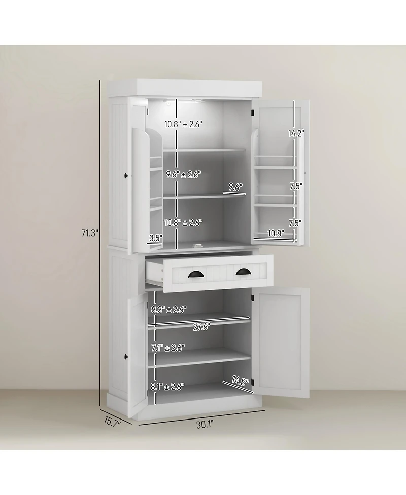 Homcom 71" Kitchen Pantry Cabinet with Large Storage and Led Lights,