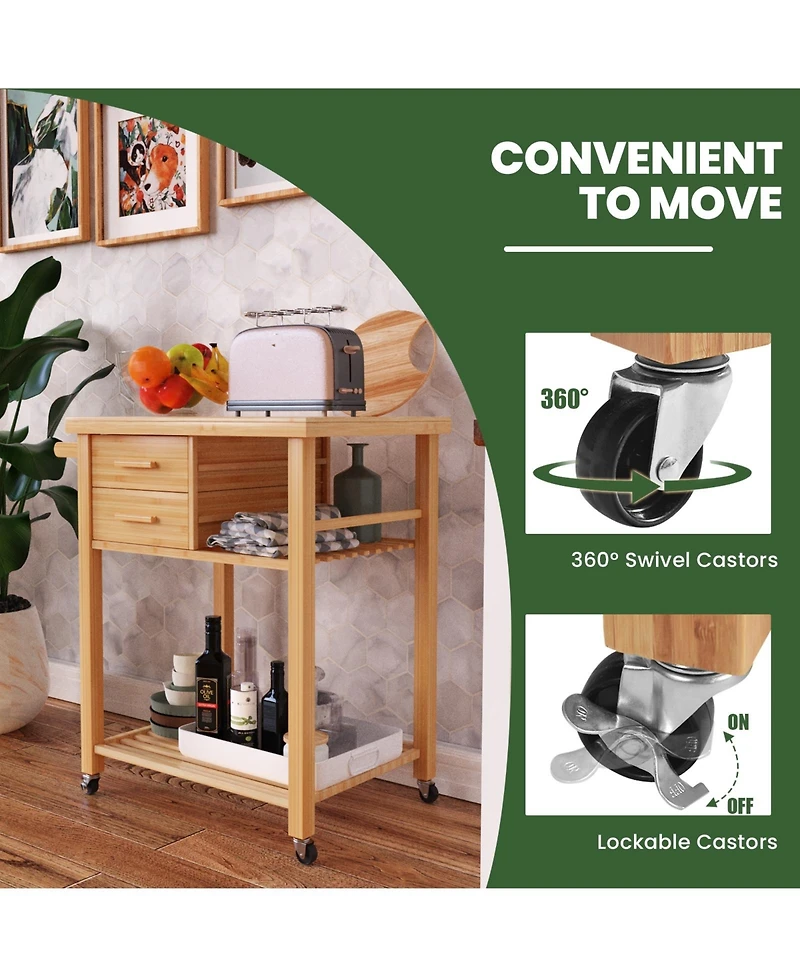 Gouun Bamboo Kitchen Trolley Cart with Tower Rack and Drawers