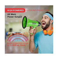 Pyle 20-Watt Mini Megaphone Speaker with Siren, Adjustable Volume, Lightweight, Battery Operated, Green Bullhorn