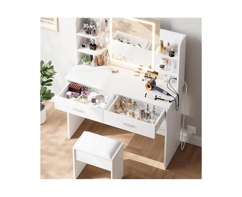 gaomon Vanity Desk with Mirror and Lights, Makeup Vanity Set w/Desk and Stool, Power Outlet, Makeup Vanity Desk with 6 Storage Shelves