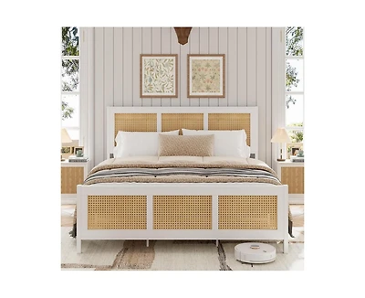 gaomon King Size Rattan Bed Frame with Headboard, White Boho Cane Platform Bed Frame with Strong Metal Slat, Noise Free