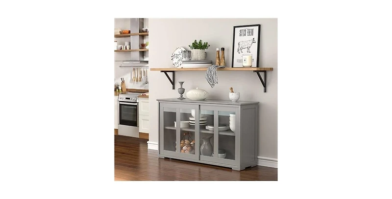 Wood Storage Cabinet with Glass Sliding Doors – Buffet Sideboard for Kitchen, Dining Room, or Living Room