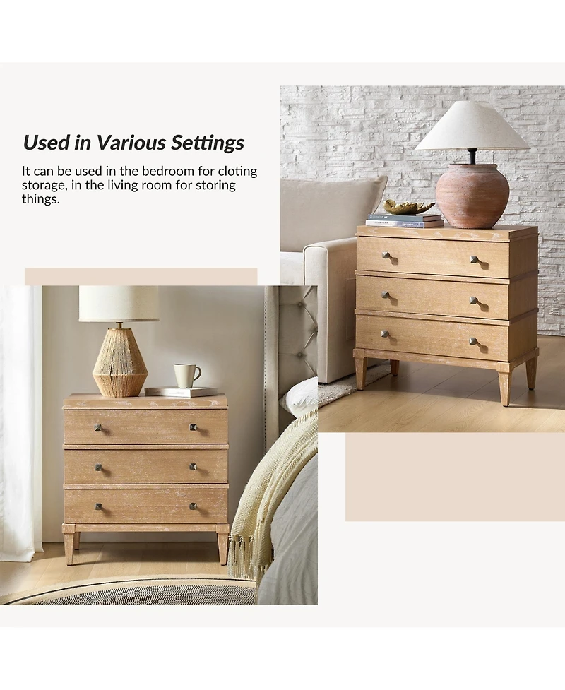 Hulala Home Ugo Transitional 3-Drawer Nightstand with Square Tapered Legs and Metal Knob