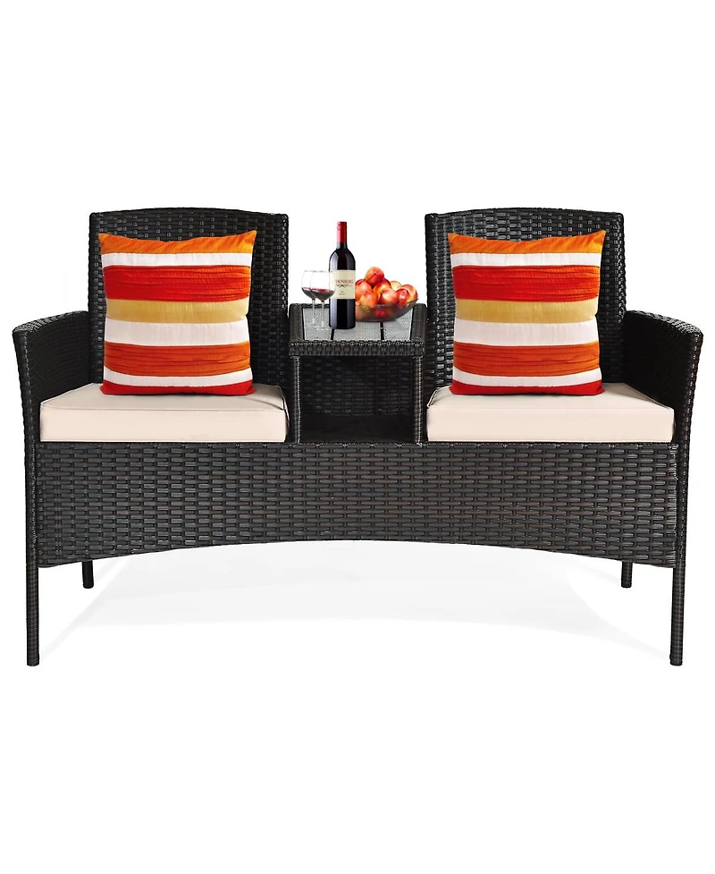 Gymax Patented Cushioned Rattan Wicker Patio Conversation Set w/ Loveseat Table Brown