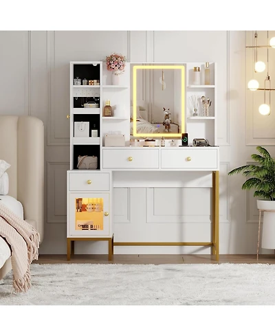 gaomon Wpond Vanity Desk, Makeup Vanity with Led Mirror& Charging Station, Dressing Table