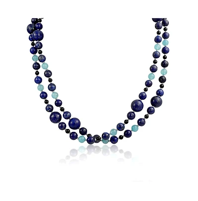 Bling Jewelry Long Wrap Around Layer Blue Shades Natural Aqua Quartz Blue Lapis Black Onyx Ball Bead Strand Necklace 40 Inch
