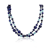 Bling Jewelry Long Wrap Around Layer Blue Shades Natural Aqua Quartz Blue Lapis Black Onyx Ball Bead Strand Necklace 40 Inch