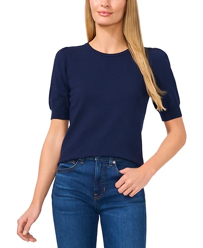 CeCe Women's Crewneck Puff Sleeve Cotton Sweater