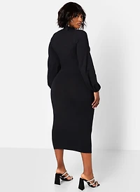 Rebdolls Women's Black Turtleneck Cotton Bodycon Midi Dress with Puff Sleeves