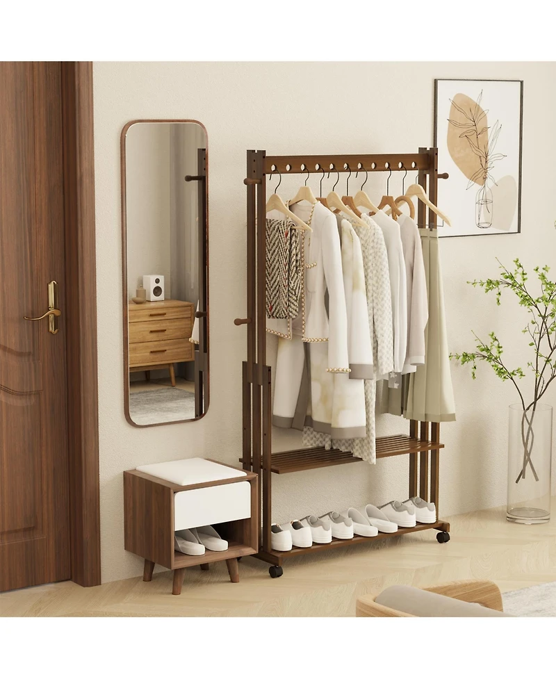 Unho Retro Bamboo Clothes Rack: Brown Garment Organizer Hanging Rack with Wheels