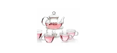 6-Piece Glass Teapot Set with Warmer and Infuser – Includes 4 Tea Cups for Elegant Tea Brewing and Serving