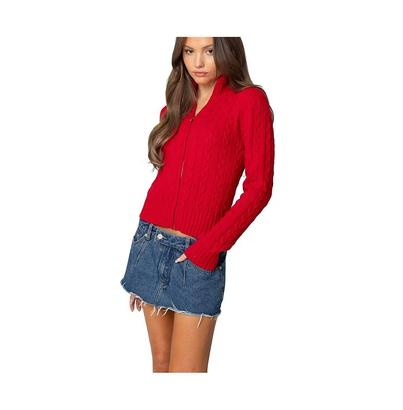 Edikted Womens Ryn Zip Up Cable Knit Cardigan