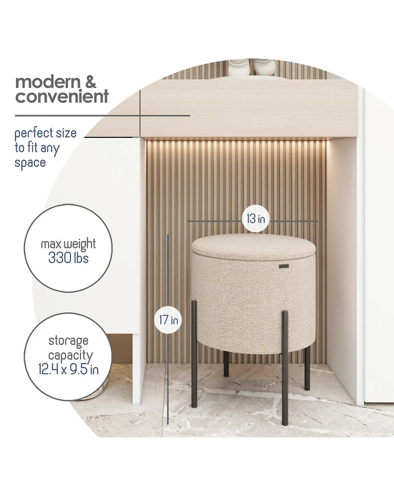 Boucle Round Ottoman with Hidden Storage – Modern Foot Stool, Makeup Vanity Small Rest, Perfect for Living Room & Bedroom D