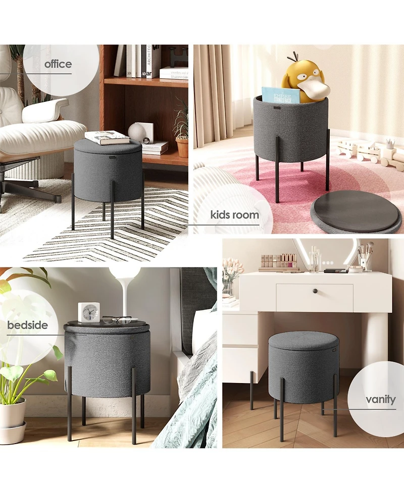 Boucle Round Ottoman with Hidden Storage – Modern Foot Stool, Makeup Vanity Small Rest, Perfect for Living Room & Bedroom D