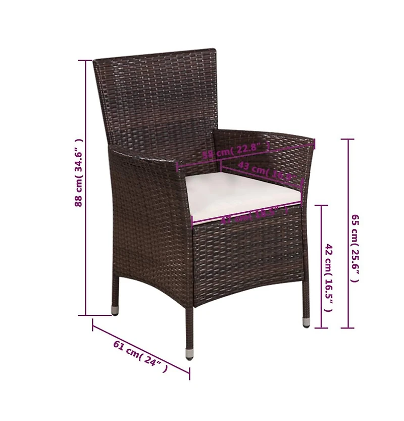 Patio Chair and Stool with Cushions Poly Rattan Brown